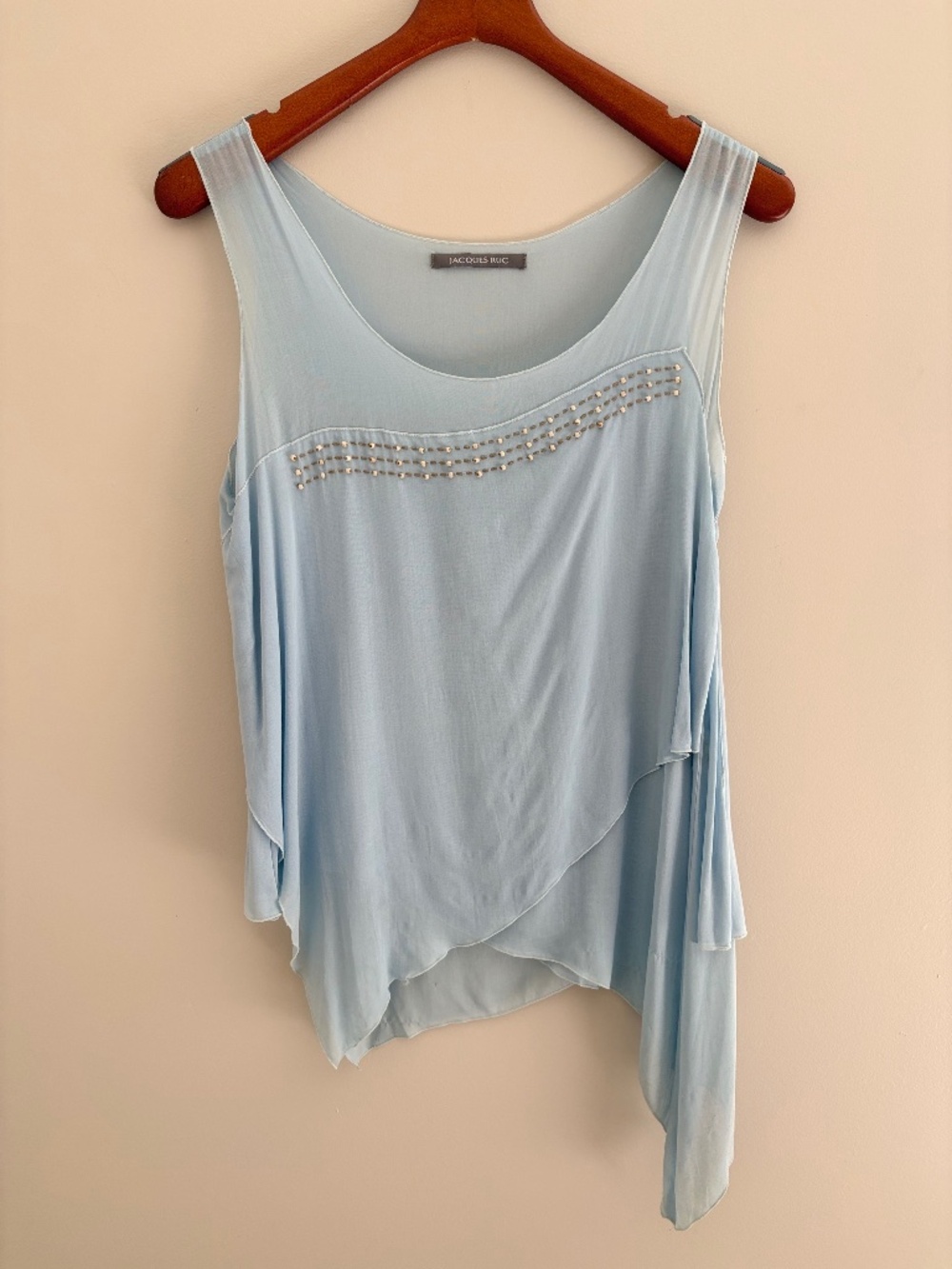 Jacques Ruc beaded, asymmetrical sleeveless top size small in blue